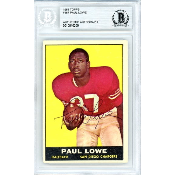 Paul Lowe Autographed 1961 Topps Card #167 San Diego Chargers Beckett BAS #10540200