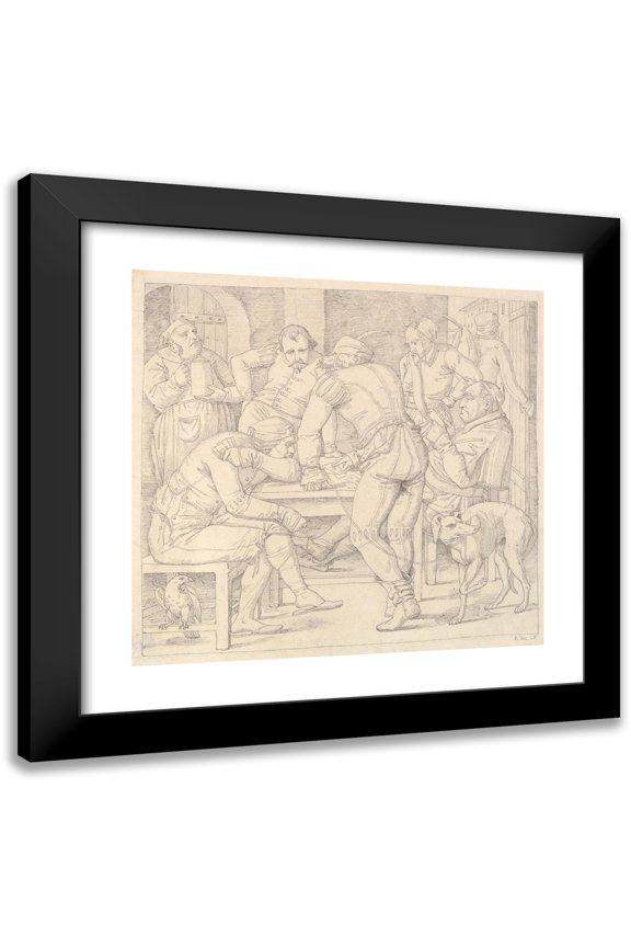 Paul Mila 12x12 Black Modern Framed Museum Art Print Titled - Five Men at a Table in German Renaissance Costume, Playing Cards in an Inn (1825)