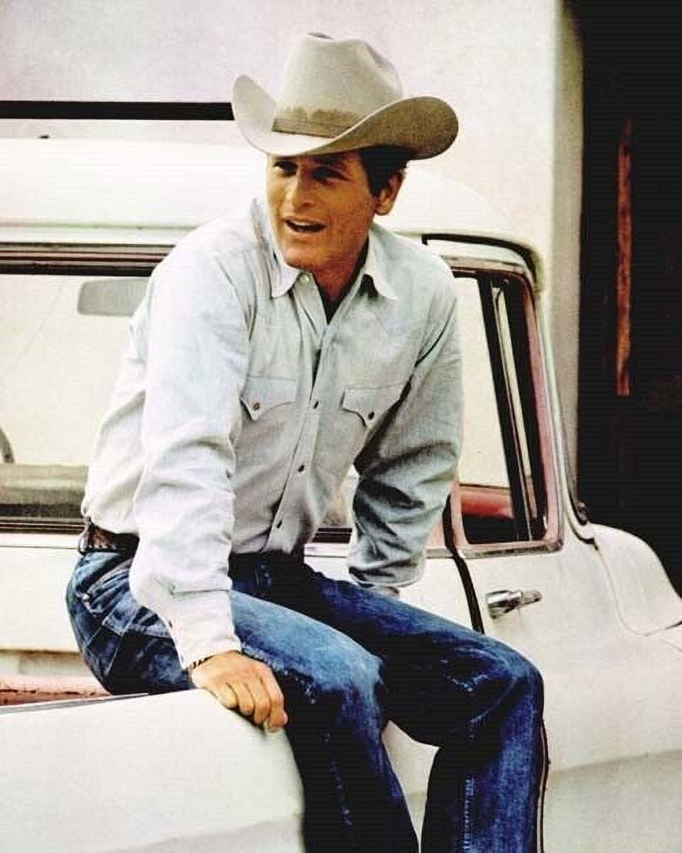 Paul Newman in jeans & cowboy hat sitting on pick-up truck 1970's 8x10 photo  