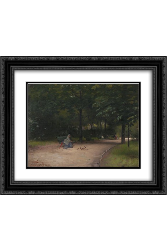 Paul Peel 2x Matted 24x20 Black Ornate Framed Art Print 'Feeding birds in the park '