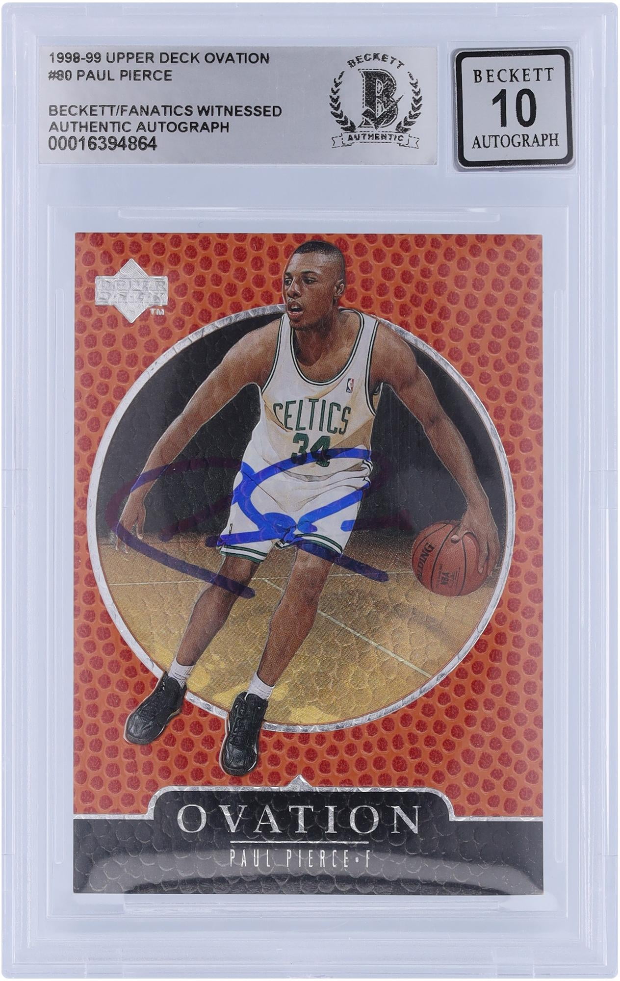 Paul Pierce Boston Celtics Autographed 1998-99 Upper Deck Ovation #80 Beckett Fanatics Witnessed Authenticated 10 Rookie Card - Fanatics Authentic Certified