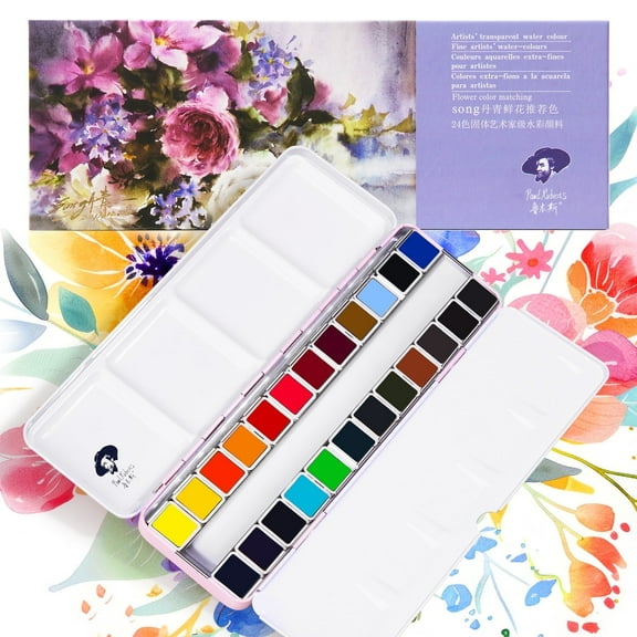 Paul Rubens Solid Watercolor Paint Set, 24 Vivid Floral Colors x 2 ml Artist Grade Watercolor, Bulit-in Palette for Professional Artists, Beginners