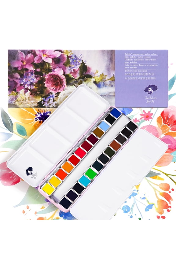 Solid Watercolor Paint Set, 24 Vivid Floral Colors x 2 ml Artist Grade Watercolor, Bulit-in Palette for Professional Artists, Beginners