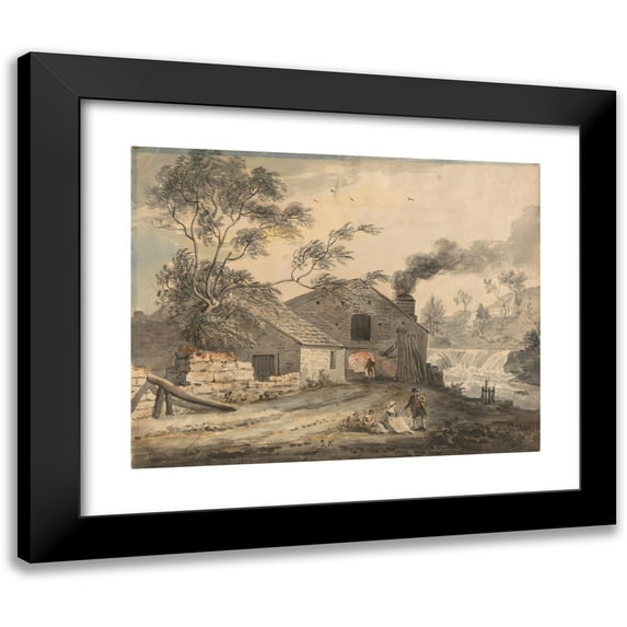 Paul Sandby 24x20 Black Modern Framed Museum Art Print Titled - Iron Forge on the River Kent, Westmorland