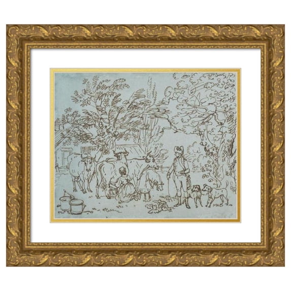 Paul Sandby 24x20 Gold Ornate Framed and Double Matted Museum Art Print Titled - Landscape with a Milk Maid and a Beau