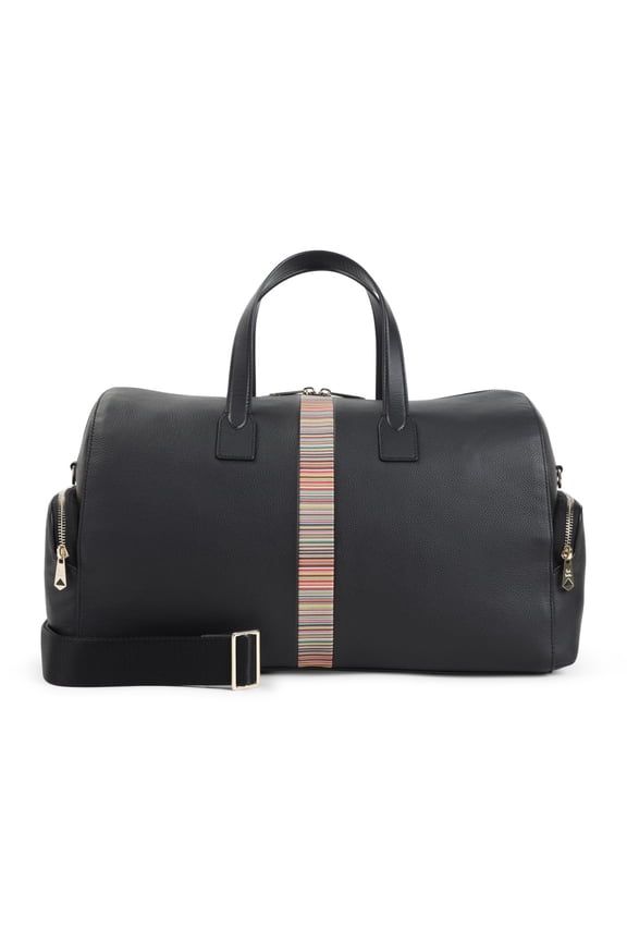 Men's Textured Leather Travel Bag With Multicolor Striped Accent Black