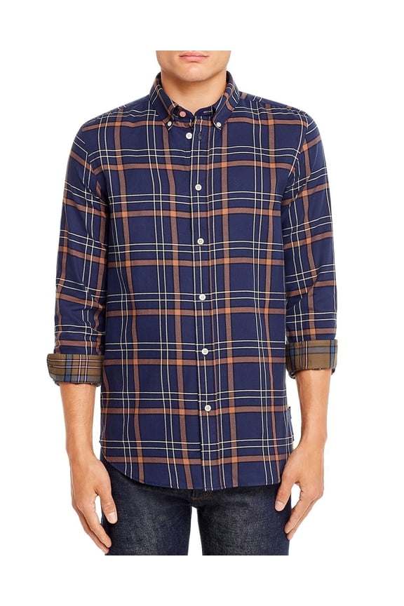 NAVY Plaid Tailored Regular Fit Button-Down Shirt, US Small