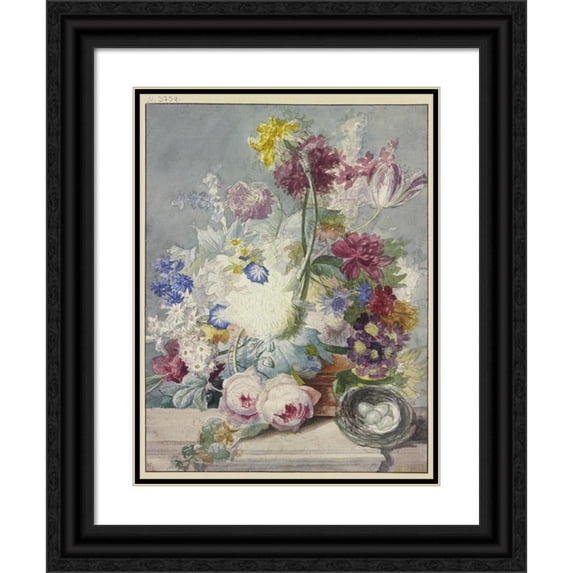 Paul Theodor Van Brussel 12x14 Black Ornate Wood Framed Double Matted Museum Art Print Titled: Bouquet of Flowers, a Bird Nest with Eggs