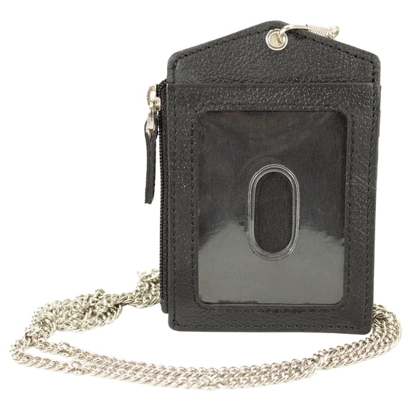 Paul Walter Genuine Leather Black ID Badge Holder with Neck Chain (Unisex)