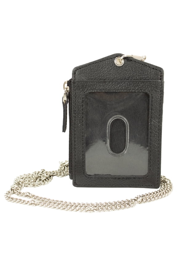 Genuine Leather Black ID Badge Holder with Neck Chain (Unisex)