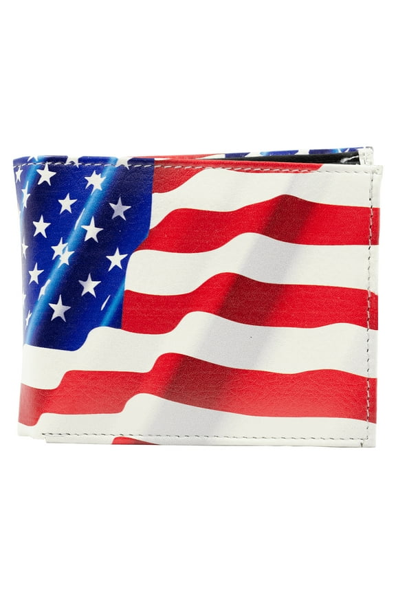 -Men's Bifold Vegan Leather USA American Flag Printed Wallet in Matching Gift BOX, ID Window, ID Holder, GIFT for Him
