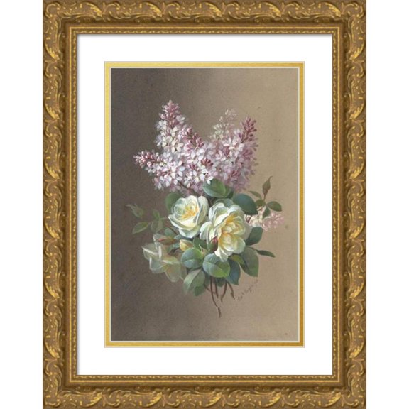 Paul de Longpre 18x24 Gold Ornate Framed and Double Matted Museum Art Print Titled - Roses and Lilacs (Late 19th-Early 20th Century)