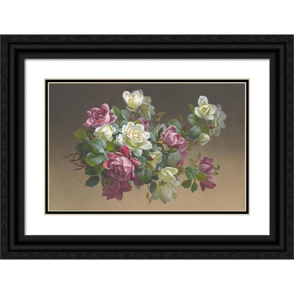 Paul de Longpre 24x17 Black Ornate Framed Double Matted Museum Art Print Titled: Roses (Late 19th-Early 20th Century)