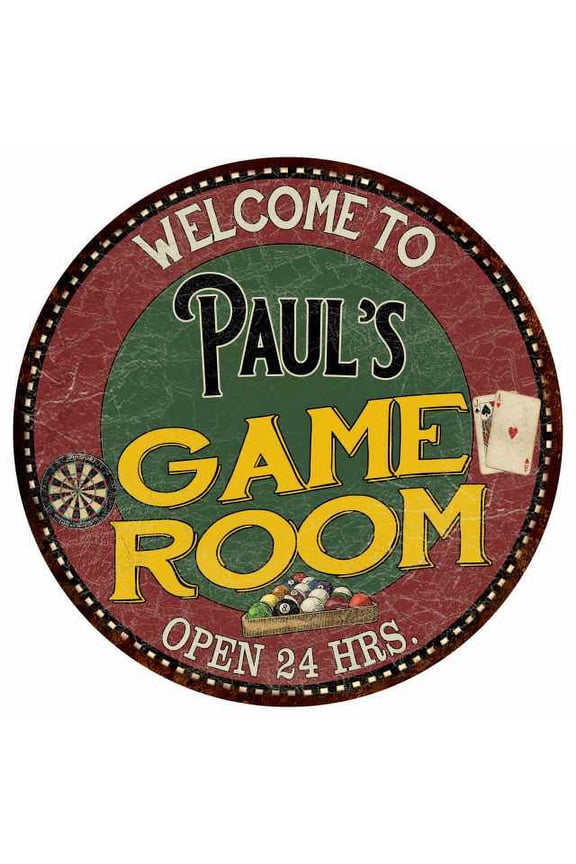 Paul's Game Room 14" Round Metal Sign Bar Kitchen Red Wall Decor 100140032102