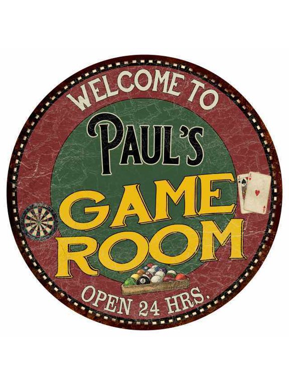 Paul's Game Room Round Metal Sign Bar Kitchen Red Wall Dcor Size: 8 x 8 inch
