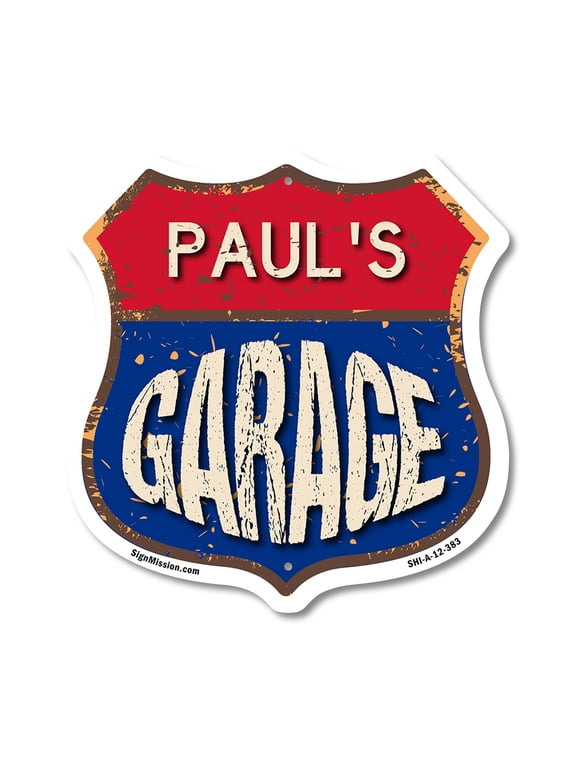 Paul's Garage 12 inch X 12 inch Shield-Shaped Rust-Free Aluminum Metal Sign Weather Resistant, UV Protected To last, Gift for Dads and Uncles Classic Americana Crafted in the USA