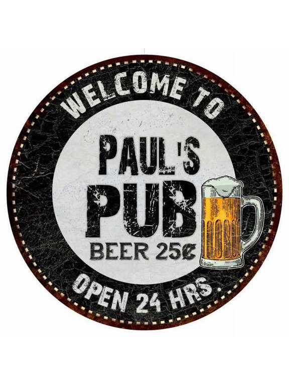 Paul's Pub 14" Round Metal Sign Beer Bar Black Wall Decor Gift 100140039102