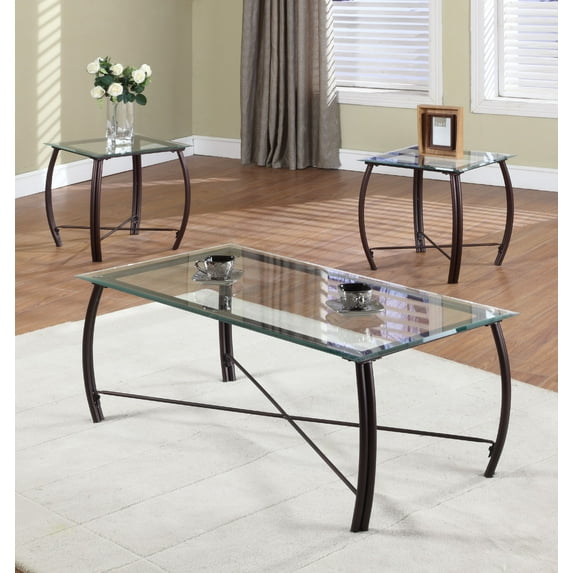 Paula 3 Piece Coffee Table Set, Copper Metal Frames & Beveled Glass Tops (Cocktail Coffee & 2 End Tables), Transitional
