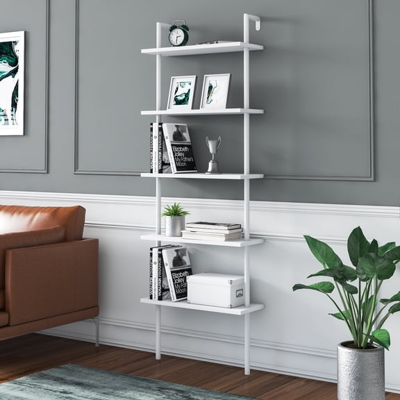Paula 68.5” Tall Ladder Bookcase with Metal Frame – 5 Tier Wall Mounted Industrial Bookshelf, Narrow Wood & Metal Leaning Shelf Unit, Space Saving Modern Display Rack for Living Room, Office – White