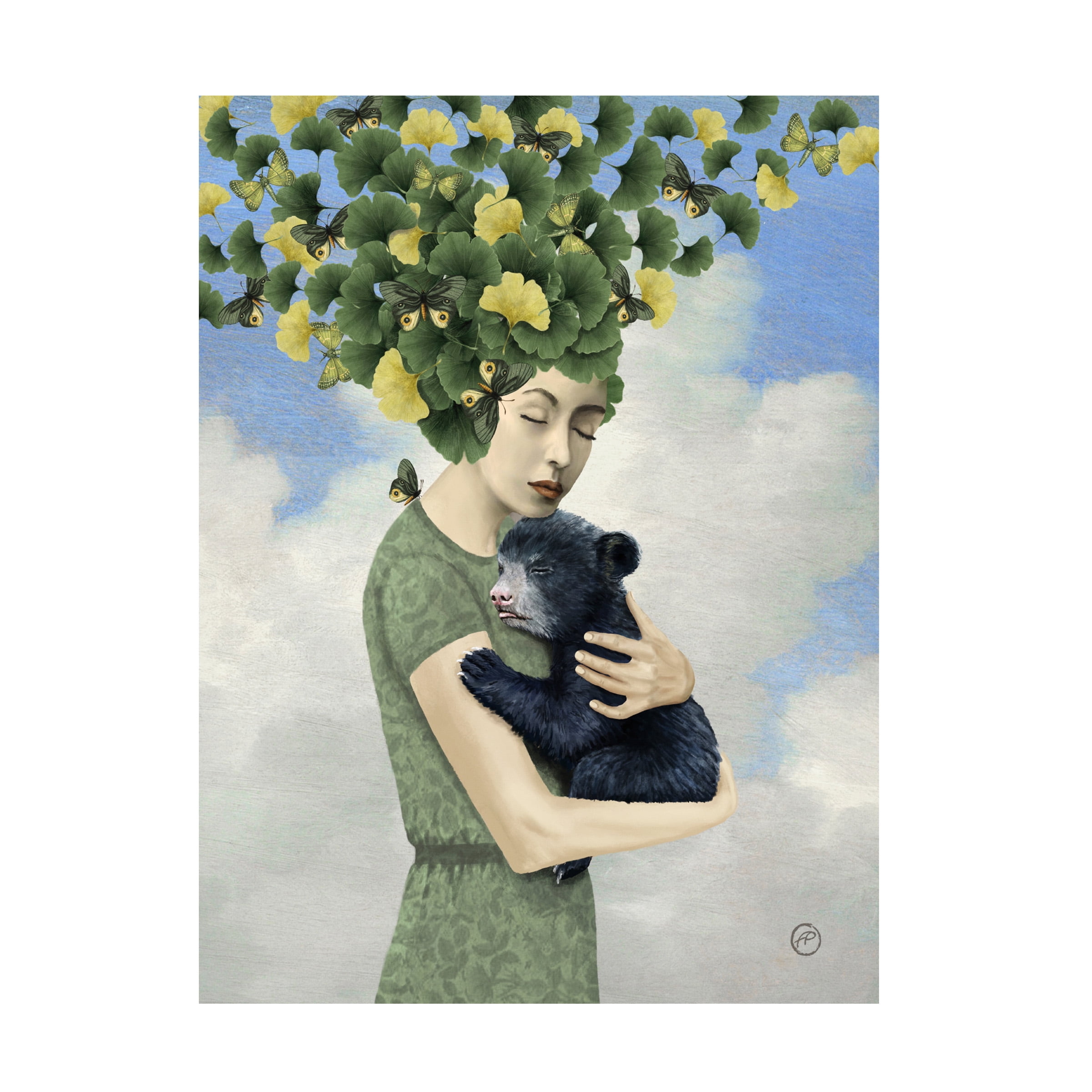 Green and Blue Canvas Art with Bear and Butterflies