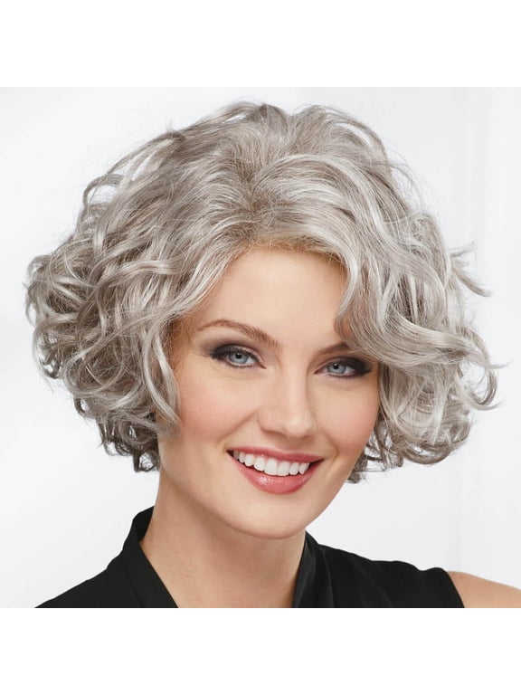 Meryl WhisperLite Wig Stylish Mid-Length Bob Wig with Face-Framing Layers Of Loose Barrel Curls/Multi-tonal Shades of Blonde, Silver, Brow
