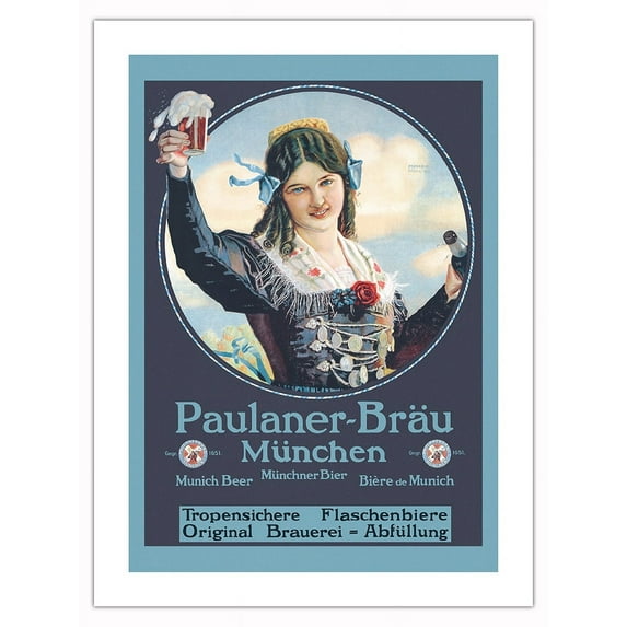 Paulaner-Bräu Beer - Munich Germany - Vintage Advertising Poster c.1890s - Fine Art Matte Paper Print (Unframed) 18x24in