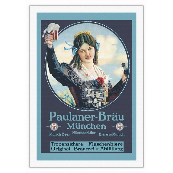 Paulaner-Bräu Beer - Munich Germany - Vintage Advertising Poster c.1890s - Fine Art Rolled Canvas Print (Unframed) 27in x 40in