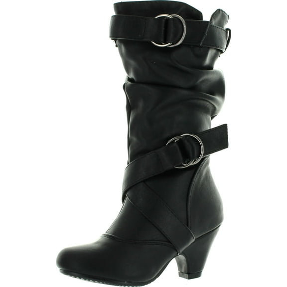 Pauline-39K JR Girls Slouch Buckle High Heel Mid Calf Boots