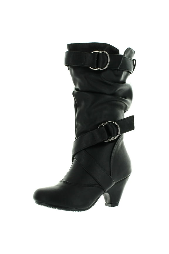 Pauline-39K JR Girls Slouch Buckle High Heel Mid Calf Boots
