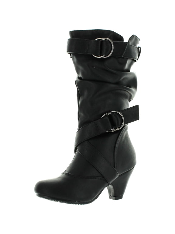 Pauline-39K JR Girls Slouch Buckle High Heel Mid Calf Boots