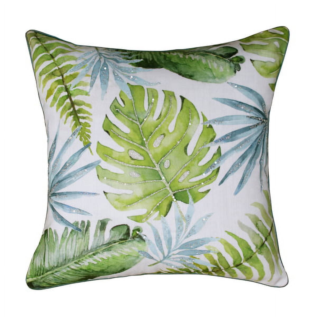 Panama Tropical Leaves Green and Blue Polyester Square Throw Pillow, 20" x 20"