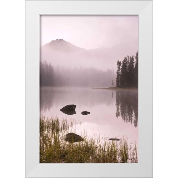 Paulson, Don 11x14 White Modern Wood Framed Museum Art Print Titled - OR, Willamette NF Foggy sunrise on Scott Lake