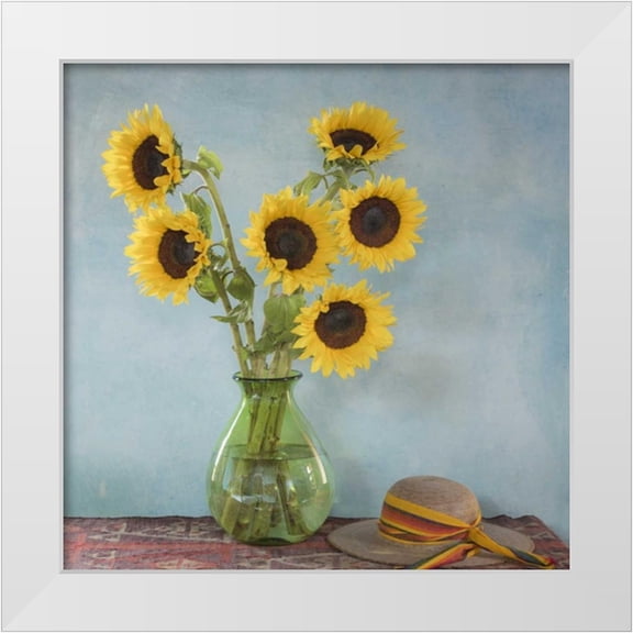Paulson, Don 12x12 White Modern Wood Framed Museum Art Print Titled - Mexico Sunflowers in vase on table