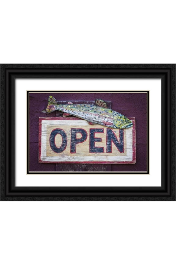 Paulson, Don 14x11 Black Ornate Wood Framed with Double Matting Museum Art Print Titled - Montana, Virginia City Open sign on store front