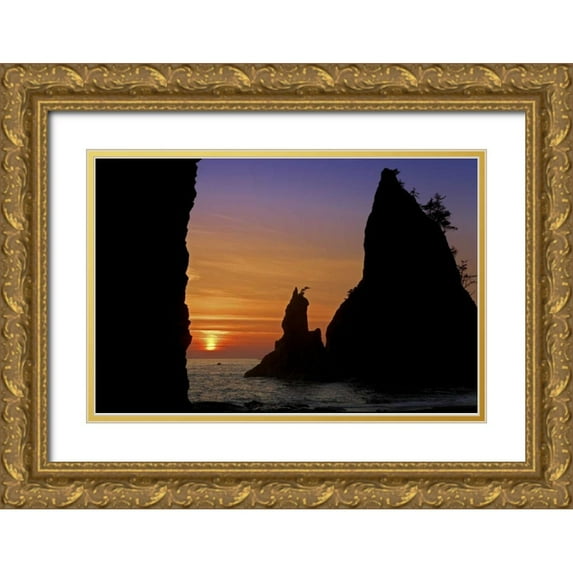 Paulson, Don 14x11 Gold Ornate Wood Framed with Double Matting Museum Art Print Titled - WA, Olympic NP Sunset of Rialto Beach seastacks
