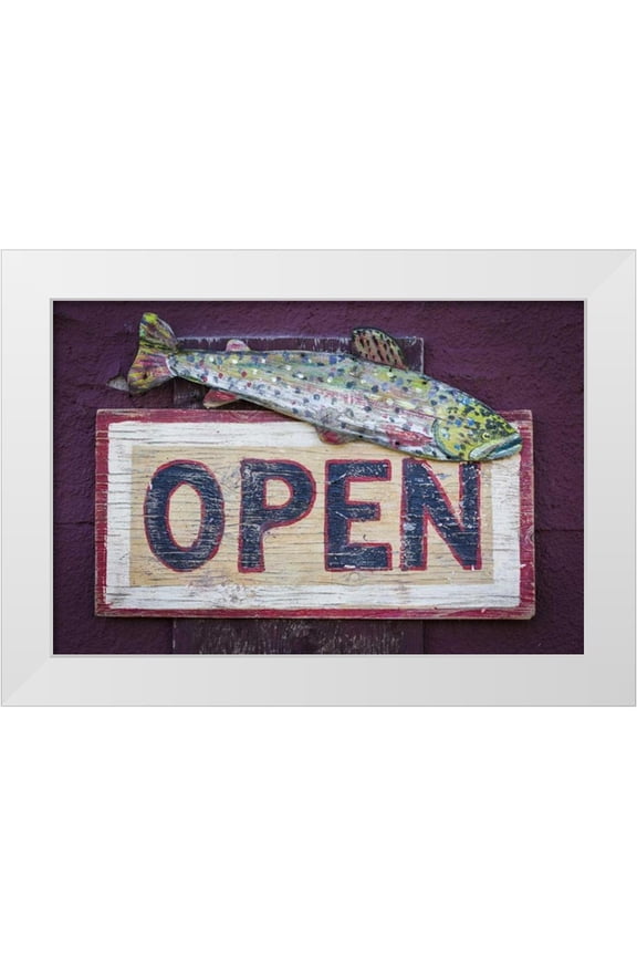 Paulson, Don 14x11 White Modern Wood Framed Museum Art Print Titled - Montana, Virginia City Open sign on store front