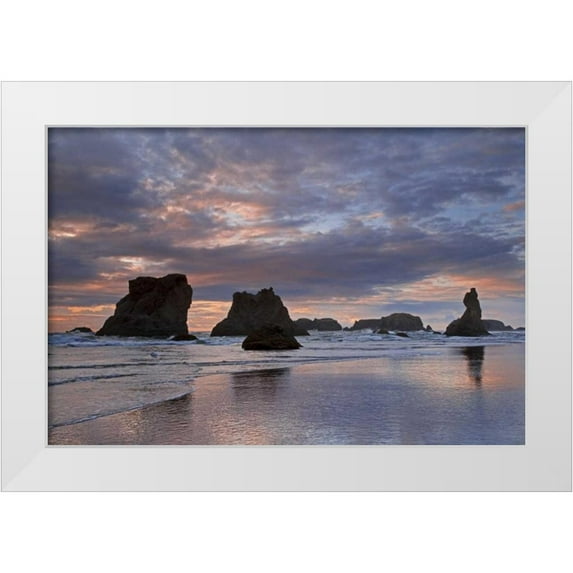Paulson, Don 14x11 White Modern Wood Framed Museum Art Print Titled - OR, Bandon Sunset over seastacks on ocean beach