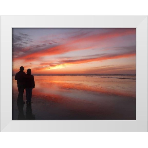 Paulson, Don 14x12 White Modern Wood Framed Museum Art Print Titled - Oregon, Cannon Beach Couple on beach at sunset