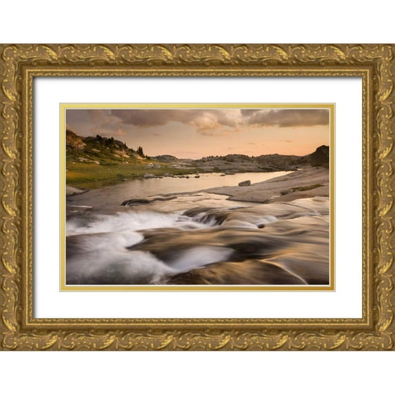Paulson, Don 18x13 Gold Ornate Wood Framed with Double Matting Museum Art Print Titled - WY, Bridger NF Sunset on rapids and stream