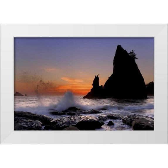 Paulson, Don 18x13 White Modern Wood Framed Museum Art Print Titled - WA, Olympic NP Sea stack at Rialto Beach, sunset