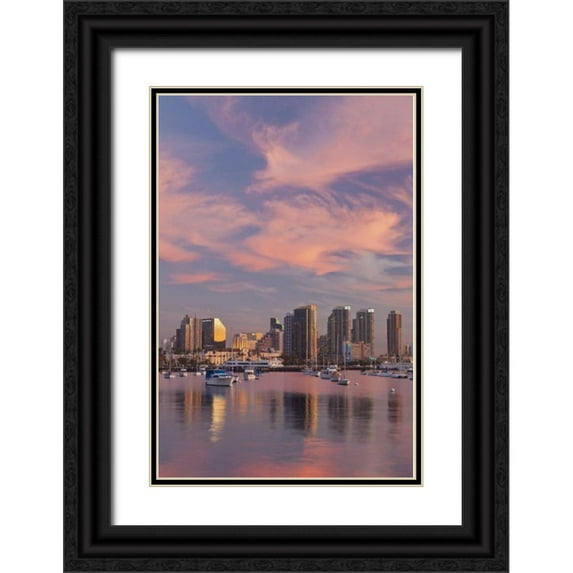 Paulson, Don 23x32 Black Ornate Wood Framed with Double Matting Museum Art Print Titled - CA, San Diego Sunset view of marina and downtown