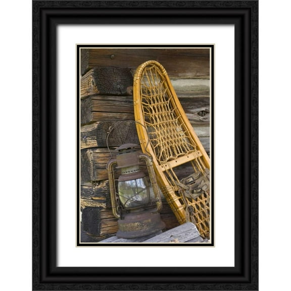 Paulson, Don 23x32 Black Ornate Wood Framed with Double Matting Museum Art Print Titled - MT, A lantern and snowshoe outside a log cabin
