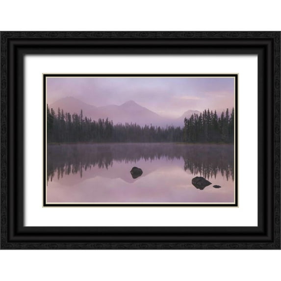 Paulson, Don 24x17 Black Ornate Wood Framed with Double Matting Museum Art Print Titled - OR, Willamette NF Foggy sunrise on Scott Lake