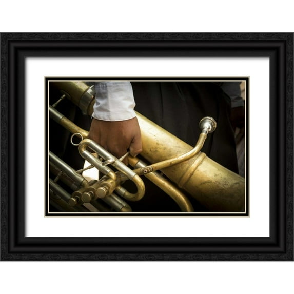 Paulson, Don 32x23 Black Ornate Wood Framed with Double Matting Museum Art Print Titled - Mexico Man holding horn on Good Friday