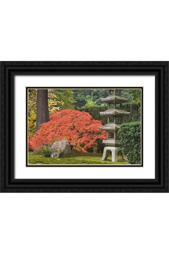 Paulson, Don 32x23 Black Ornate Wood Framed with Double Matting Museum Art Print Titled - Oregon, Portland Stone tower and Japanese maple