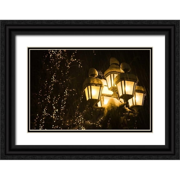Paulson, Don 32x23 Black Ornate Wood Framed with Double Matting Museum Art Print Titled - WA, Leavenworth snowy street lamps in winter