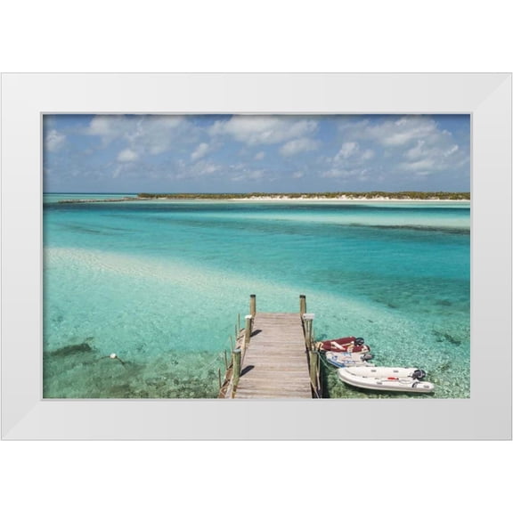 Paulson, Don 32x23 White Modern Wood Framed Museum Art Print Titled - Bahamas, Exuma Island Pier and moored boats