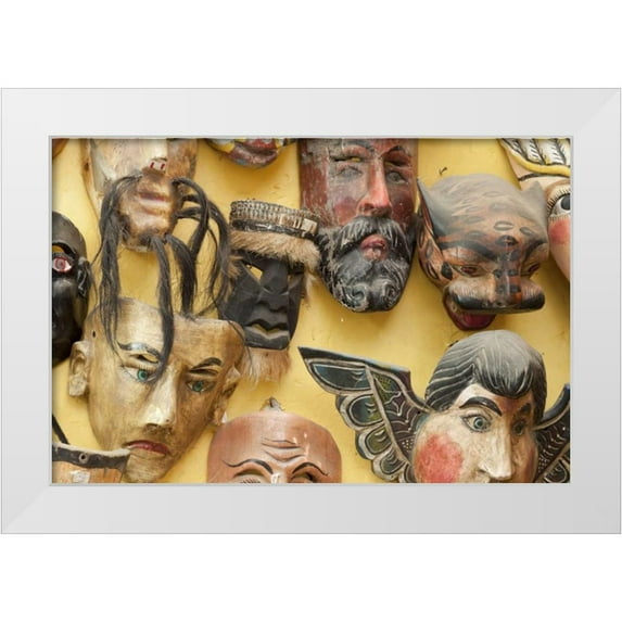 Paulson, Don 32x23 White Modern Wood Framed Museum Art Print Titled - Mexico Masks on display in shop