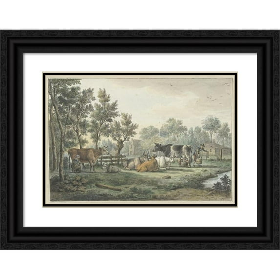 Paulus Constantijn la Fargue 18x14 Black Ornate Wood Framed Double Matted Museum Art Print Titled - Whey with Cows that Are Milked (1773)