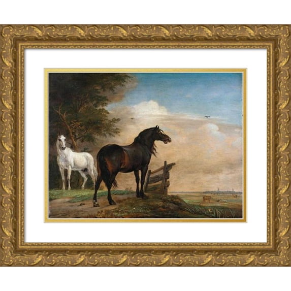 Paulus Potter 14x12 Gold Ornate Wood Frame and Double Matted Museum Art Print Titled - Two Horses in a Meadow Near a Gate (1649)